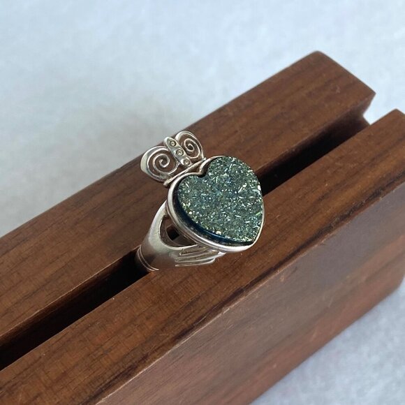 Sterling Silver 925 Ireland JMH Jewelry Claddagh Titanium Druzy Heart Ring 5.75 - Picture 12 of 16